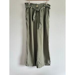 ZARA Paperbag Waist Wide Leg Pants Women’s L Olive Green Belted Cropped Relaxed